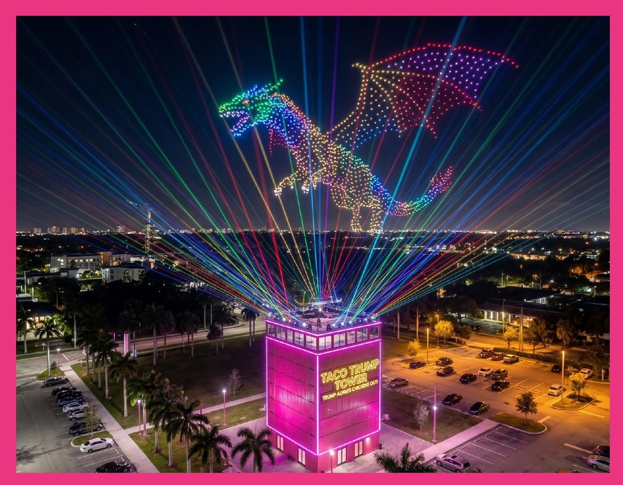Drone light show forming a dragon above the TACO Trump Tower