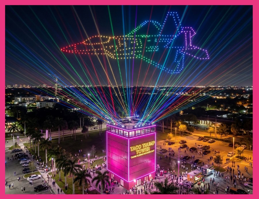 Drone light show forming a jet above the TACO Trump Tower