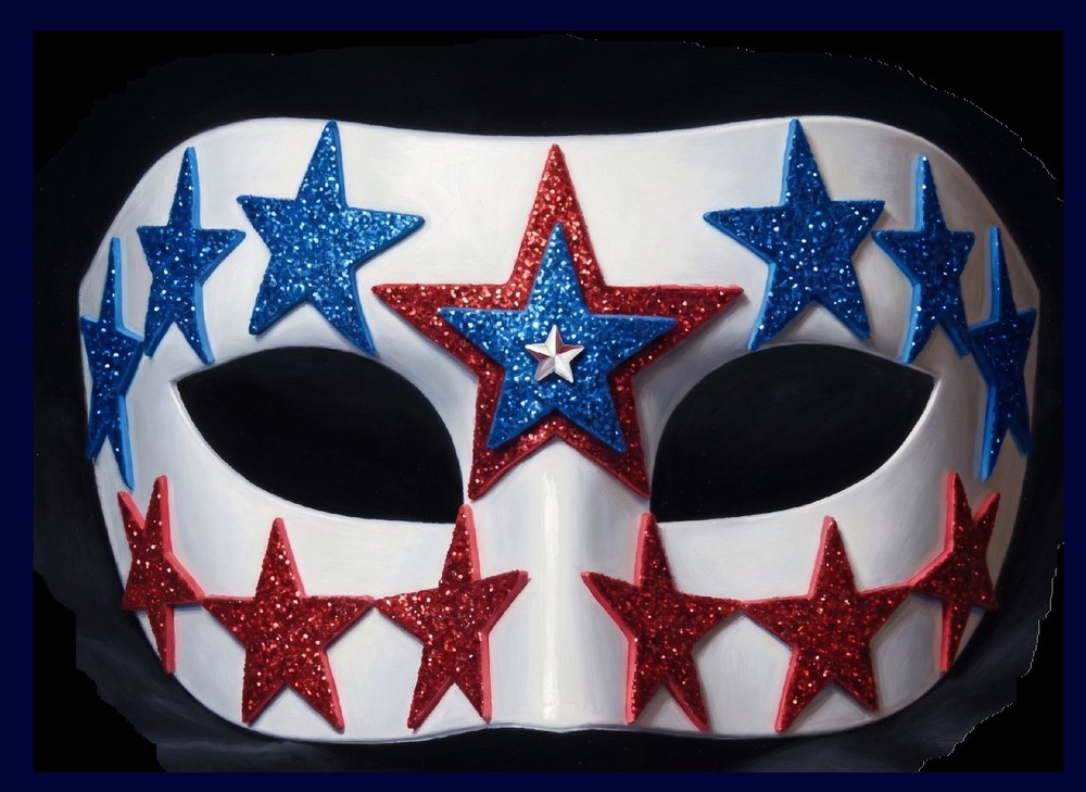 The Mask of Freedom, frontal view - red and blue glitter stars