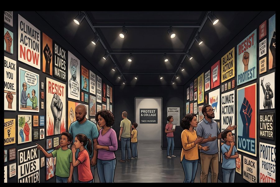 TACO Trump Tower PG-13 museum wing — families viewing protest art and collage